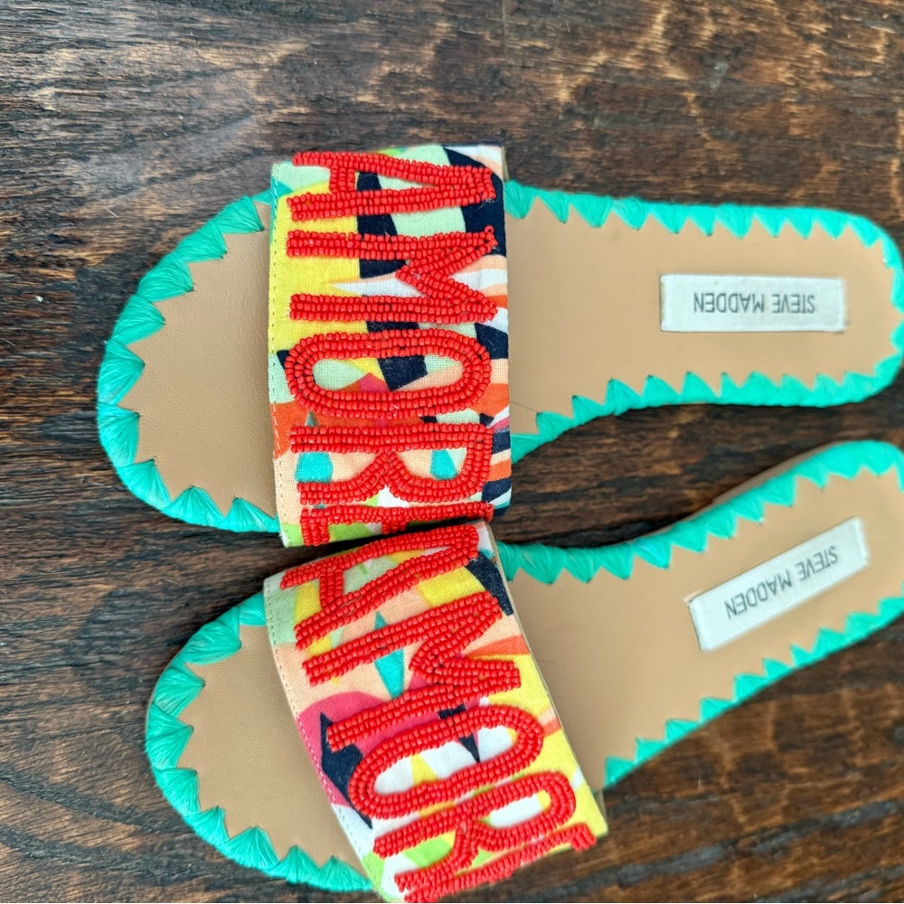 Steve Madden Multicolor Beaded 'Harbor' Slide Sandals with Turquoise Trim